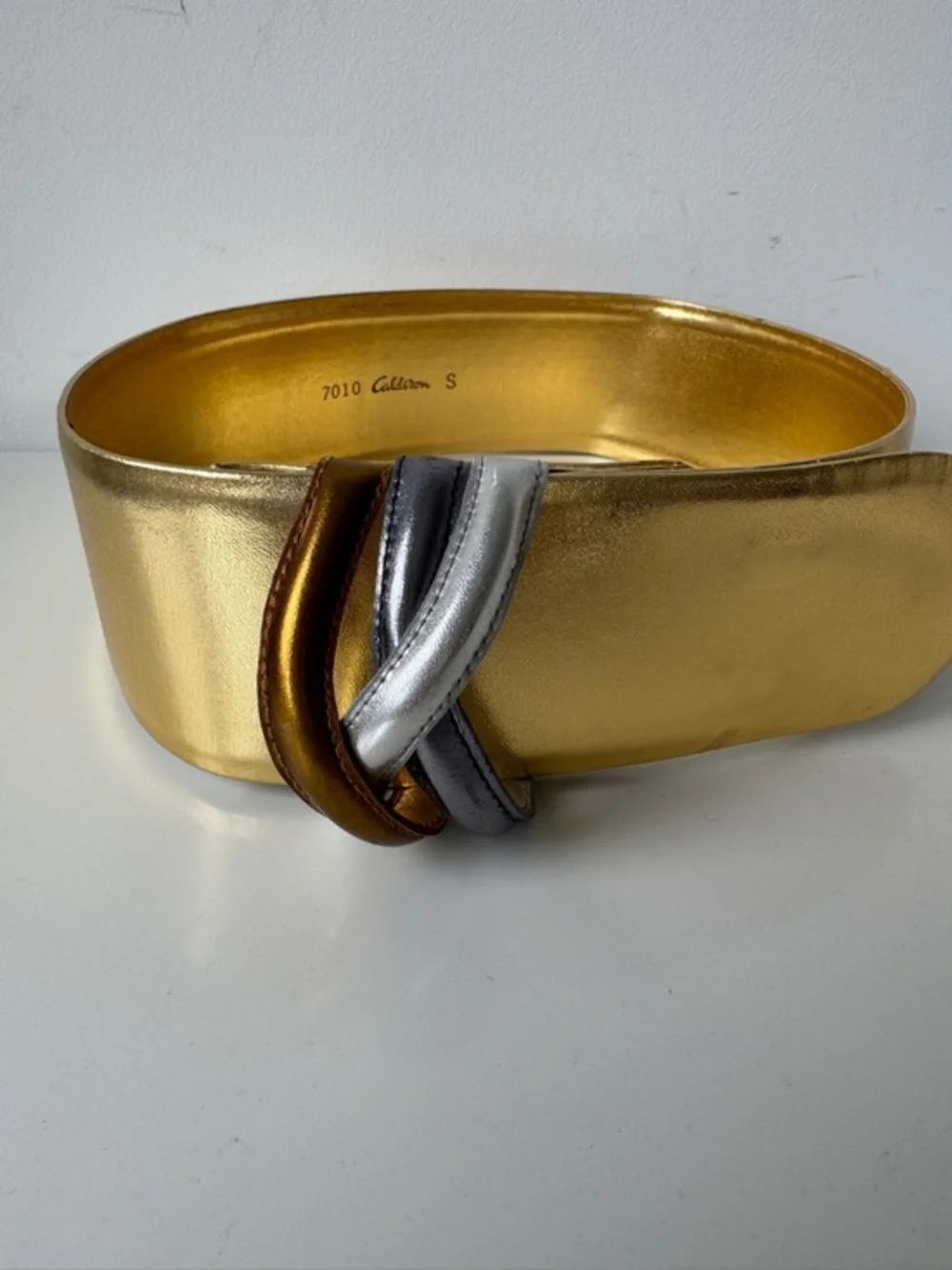 Vtg Calderon Leather Metallic Gold  Waist Belt with Silver and Bronze Accent